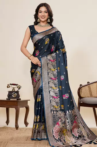 navy soft silk blend two tone satin saree with full border zari mina kari work & rich designer pallu