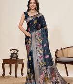 navy soft silk blend two tone satin saree with full border zari mina kari work & rich designer pallu