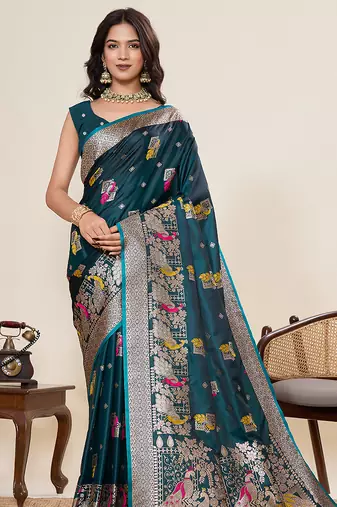 teal green soft silk blend two tone satin saree with full border zari mina kari work & rich designer pallu