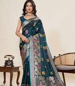 teal green soft silk blend two tone satin saree with full border zari mina kari work & rich designer pallu