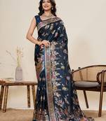 navy two-tone satin soft silk blend saree with unique paithani    designer satin saree