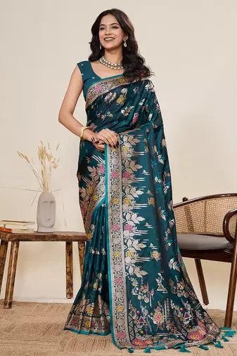 teal two-tone satin soft silk blend saree with unique paithani    designer satin saree