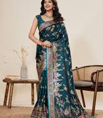 teal two-tone satin soft silk blend saree with unique paithani    designer satin saree