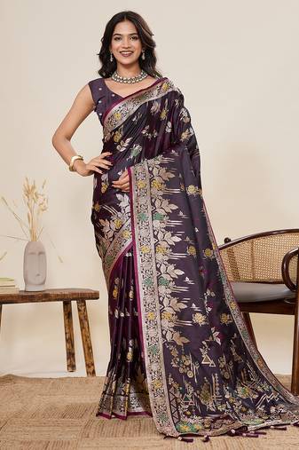 wine two-tone satin soft silk blend saree with unique paithani    designer satin saree