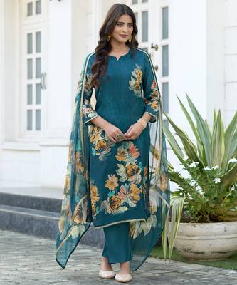 Teal blue pure ho organza floral printed straight kurta with comfort fitting pant & printed dupatta 1