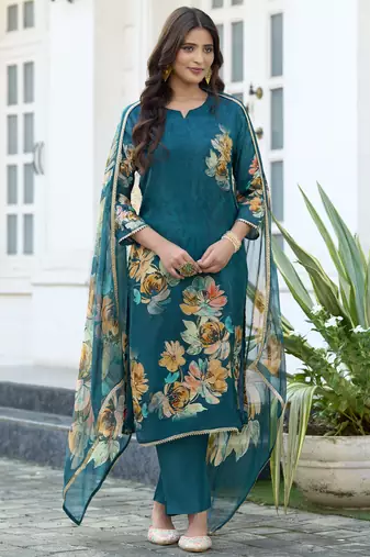 Teal blue pure ho organza floral printed straight kurta with comfort fitting pant & printed dupatta