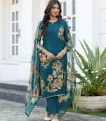 Teal blue pure ho organza floral printed straight kurta with comfort fitting pant & printed dupatta