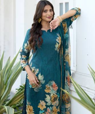 Teal blue pure ho organza floral printed straight kurta with comfort fitting pant & printed dupatta 2