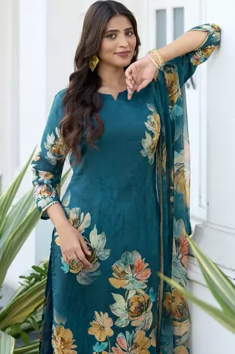 Teal blue pure ho organza floral printed straight kurta with comfort fitting pant & printed dupatta