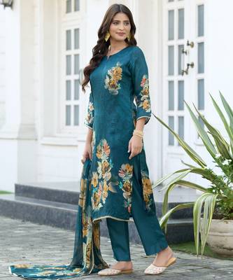 Teal blue pure ho organza floral printed straight kurta with comfort fitting pant & printed dupatta 3