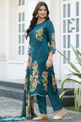 Teal blue pure ho organza floral printed straight kurta with comfort fitting pant & printed dupatta