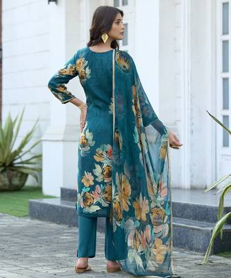 Teal blue pure ho organza floral printed straight kurta with comfort fitting pant & printed dupatta 4