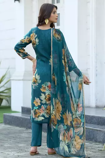 Teal blue pure ho organza floral printed straight kurta with comfort fitting pant & printed dupatta