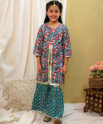 Cotton block printed sharara set for girls 3