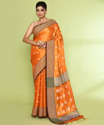 Women`s orange zari cotton tissue jamdani saree 1