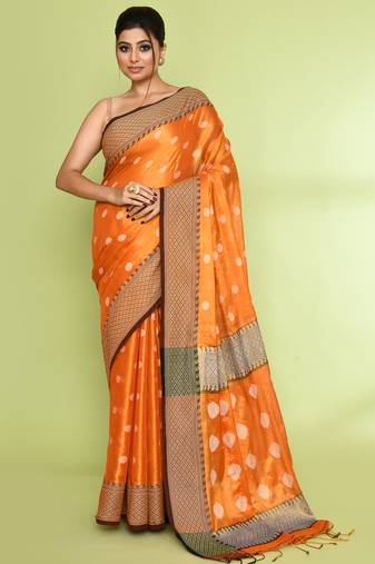 Women`s orange zari cotton tissue jamdani saree