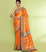 Women`s orange zari cotton tissue jamdani saree