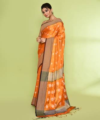 Women`s orange zari cotton tissue jamdani saree 2