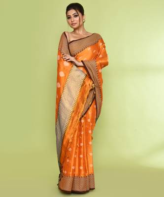 Women`s orange zari cotton tissue jamdani saree 3