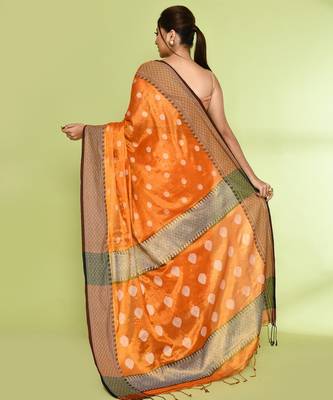 Women`s orange zari cotton tissue jamdani saree 4