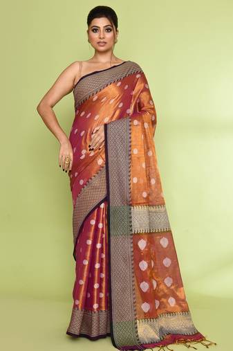 Women`s gold magenta zari cotton tissue jamdani saree