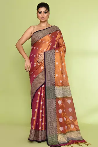 Women`s gold magenta zari cotton tissue jamdani saree