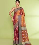 Women`s gold magenta zari cotton tissue jamdani saree