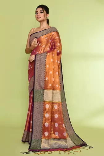Women`s gold magenta zari cotton tissue jamdani saree