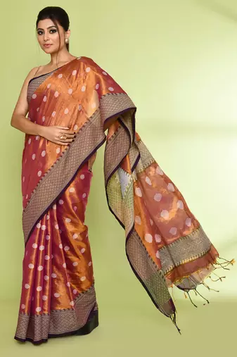 Women`s gold magenta zari cotton tissue jamdani saree