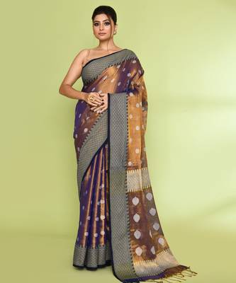Women`s gold blue zari cotton tissue jamdani saree 1