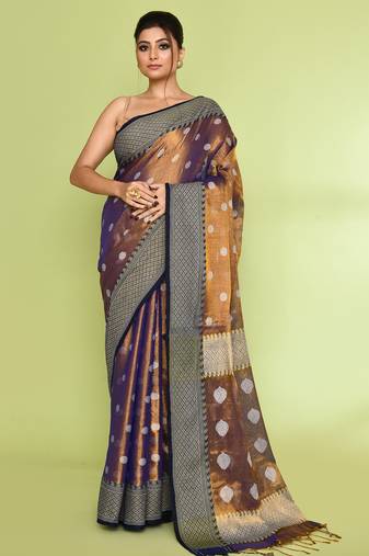 Women`s gold blue zari cotton tissue jamdani saree