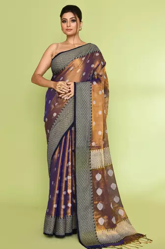 Women`s gold blue zari cotton tissue jamdani saree