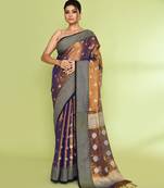 Women`s gold blue zari cotton tissue jamdani saree
