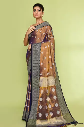 Women`s gold blue zari cotton tissue jamdani saree