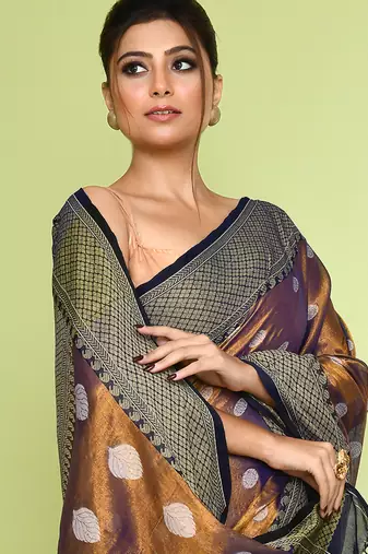 Women`s gold blue zari cotton tissue jamdani saree