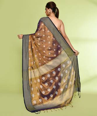 Women`s gold blue zari cotton tissue jamdani saree 4