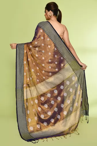 Women`s gold blue zari cotton tissue jamdani saree