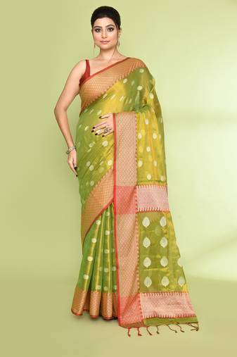 Women`s parrot green zari cotton tissue jamdani saree