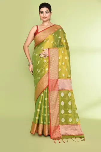 Women`s parrot green zari cotton tissue jamdani saree