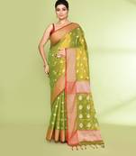 Women`s parrot green zari cotton tissue jamdani saree