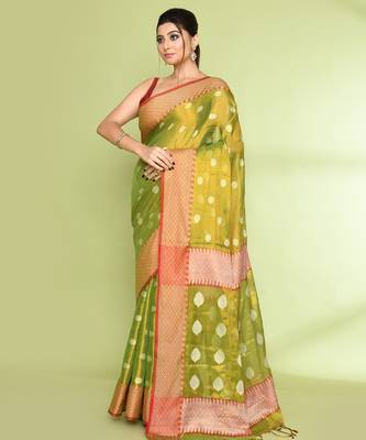 Women`s parrot green zari cotton tissue jamdani saree 2