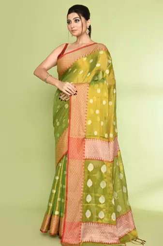 Women`s parrot green zari cotton tissue jamdani saree
