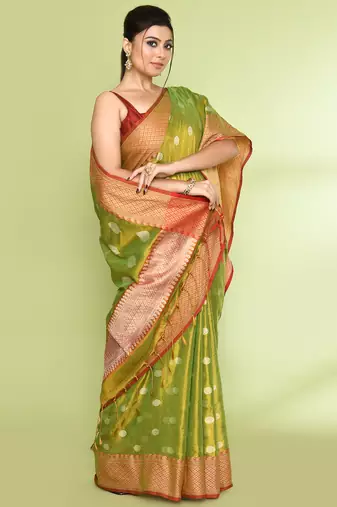 Women`s parrot green zari cotton tissue jamdani saree