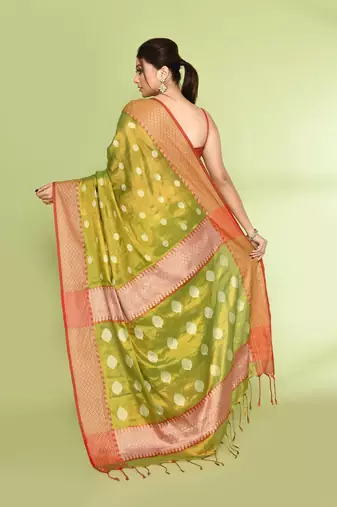 Women`s parrot green zari cotton tissue jamdani saree
