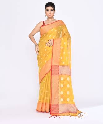 Women`s yellow zari cotton tissue jamdani saree 1