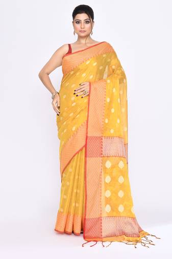 Women`s yellow zari cotton tissue jamdani saree