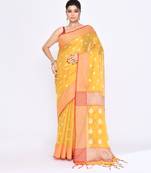 Women`s yellow zari cotton tissue jamdani saree