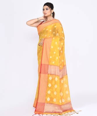 Women`s yellow zari cotton tissue jamdani saree 2