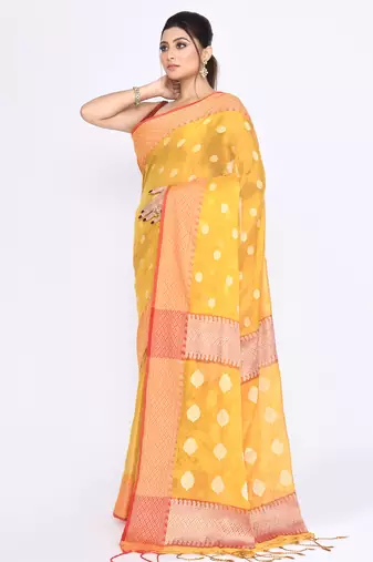 Women`s yellow zari cotton tissue jamdani saree