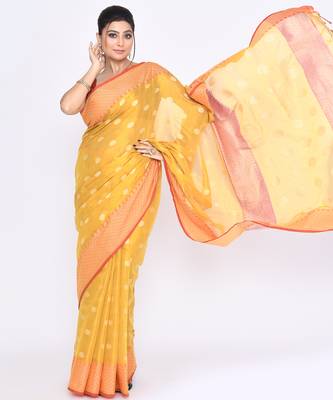 Women`s yellow zari cotton tissue jamdani saree 3